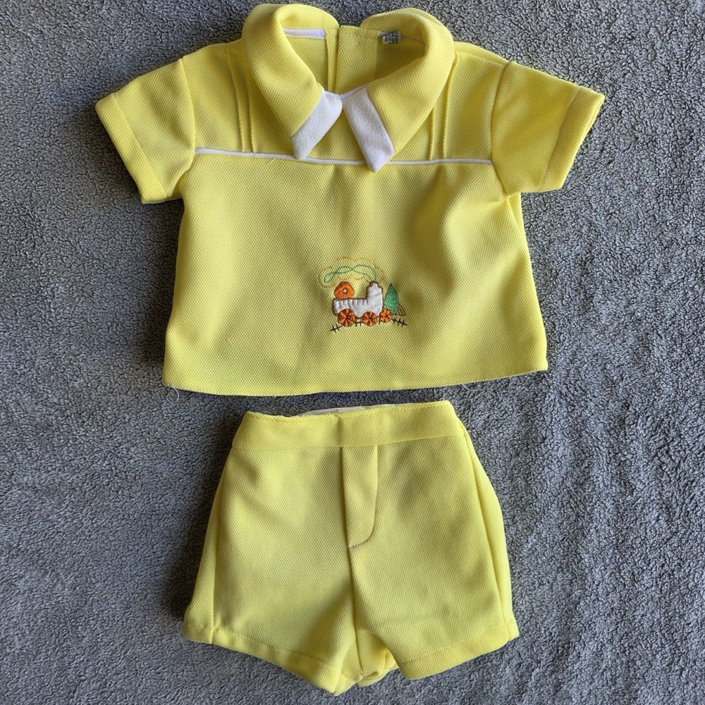 Vintage Yellow Baby Boy 2 Piece Short Set Embroidered Train 0-3 Months